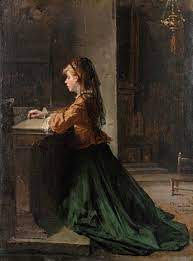 Historic painting of a woman praying in modest traditional attire